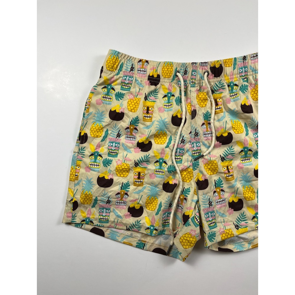 Two Left Feet Mens Tiki Cocktail Tropical Print Swim Trunks Tan Medium - Picture 2 of 9